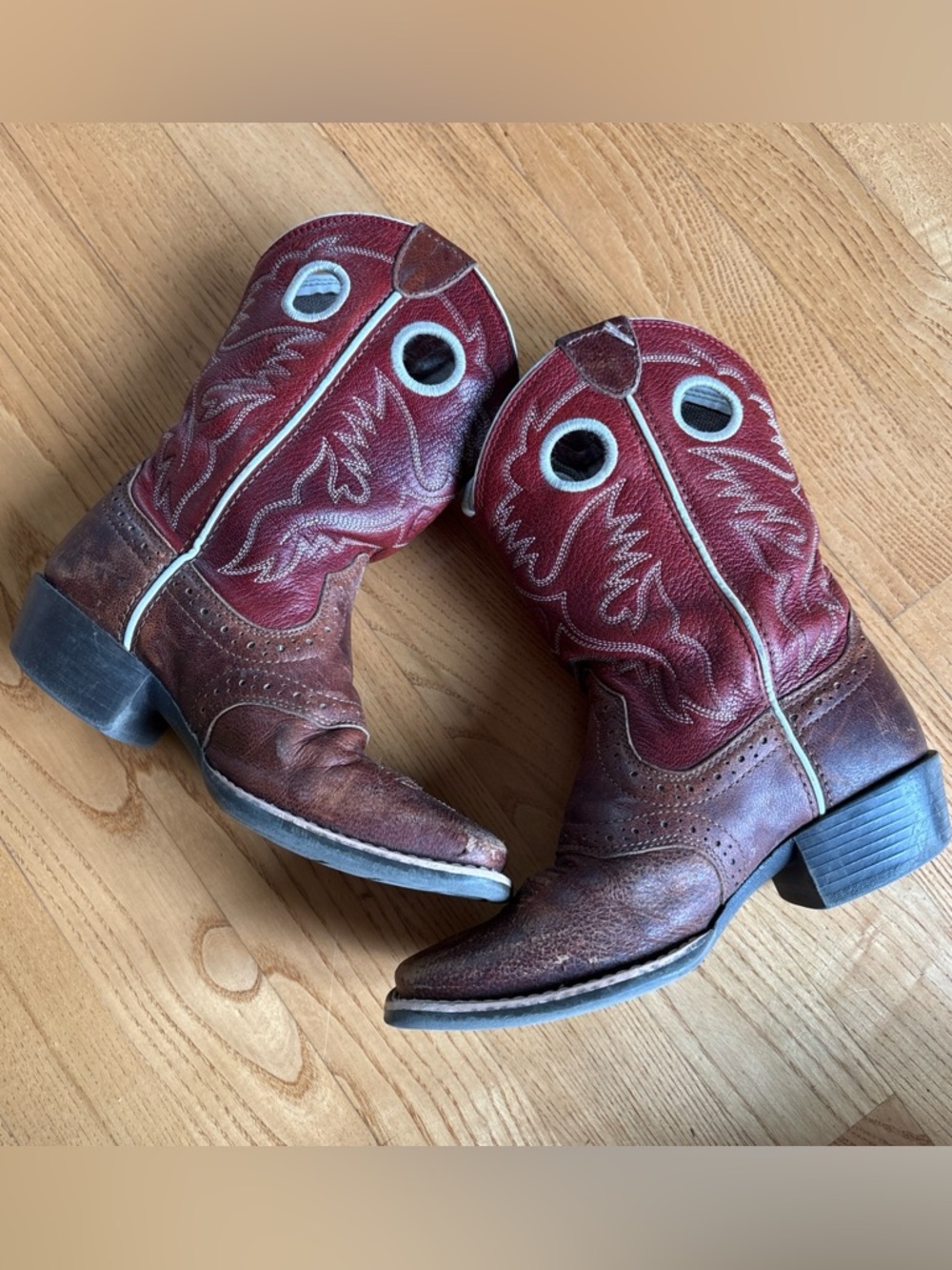 Ariat Heritage Roughstock Leather Boots Kids Sz 13 Western Tan Cherry Square Toe - Picture 4 of 11